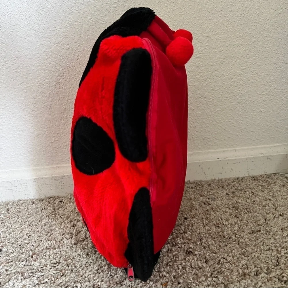 Lady Bug Round Bright Red Black Fuzzy Pillow Cover